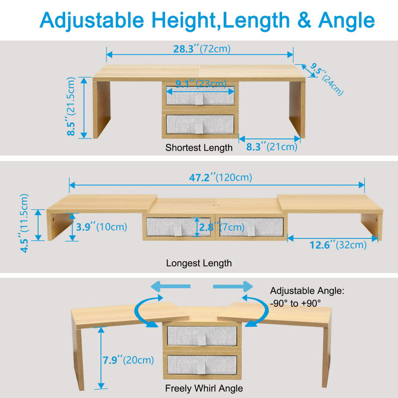 Dual Monitor Stand Riser with 2 Drawers-Length and Angle Adjustable shelf Riser with Storage, Maple