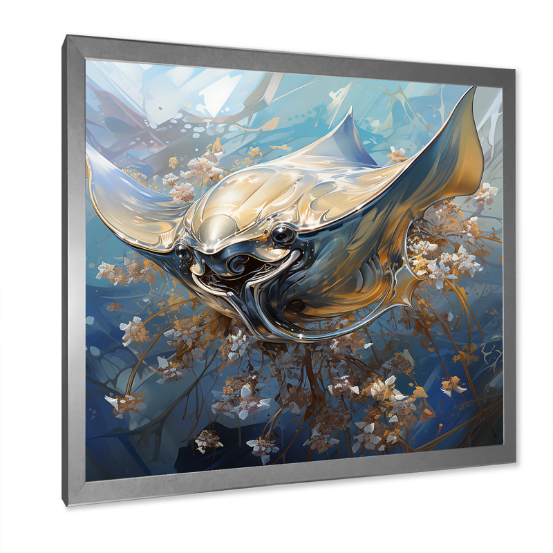 Manta Ray Dance 2 - art mural animaux côtiers, Encadrement doré, H 16 po x l 16 po x P 1 po