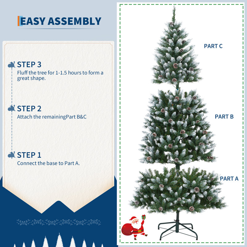 Arbre de Noël artificiel pré-éclairé préinstallé facile à installer avec des pointes à branches multiples et des lumières à DEL, des branches denses réalistes, des pommes de pin floquées et un support en métal robuste