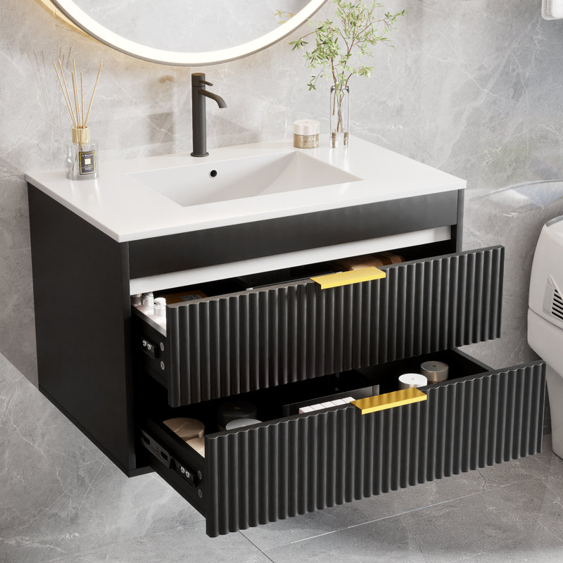 Meuble-lavabo simple mural 30 po avec comptoir en céramique, meuble-lavabo flottant noir et 2 tiroirs