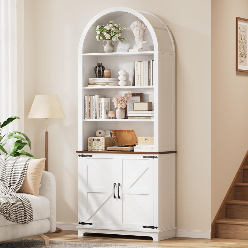 70'' Arched Bookcase With Doors,  6-Tier Farmhouse Bookshelf, White