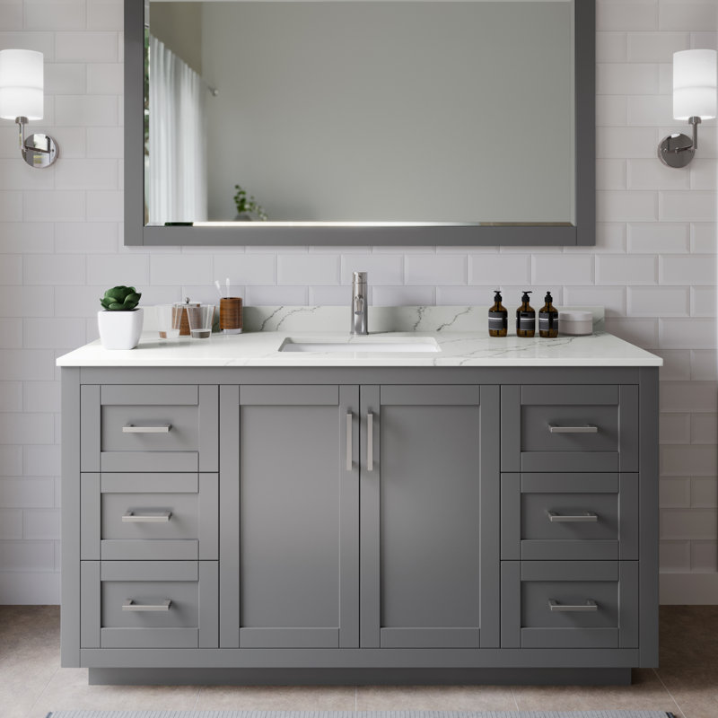 Meuble-lavabo simple autoportant de 60 po avec plateau en quartz Miranda, Giotto Quartz, Gris foncé, Nickel brossé