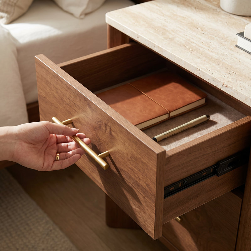 Table de chevet 2 tiroirs 23,6 po avec dessus d'aspect pierre, Brun
