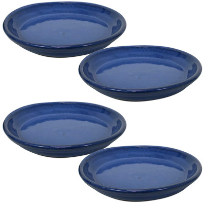 Ensemble de 4 pots à fleurs ronds en céramique émaillée ronds - convient aux jardinières de 9 po - Bleu