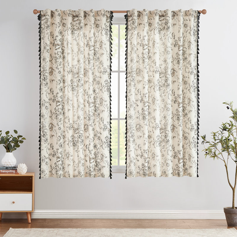 Linen Floral Rod Pocket with Tassels Farmhouse Rustic Peony Flower Patterned Drapes for Living Room, 50" W x 63" L