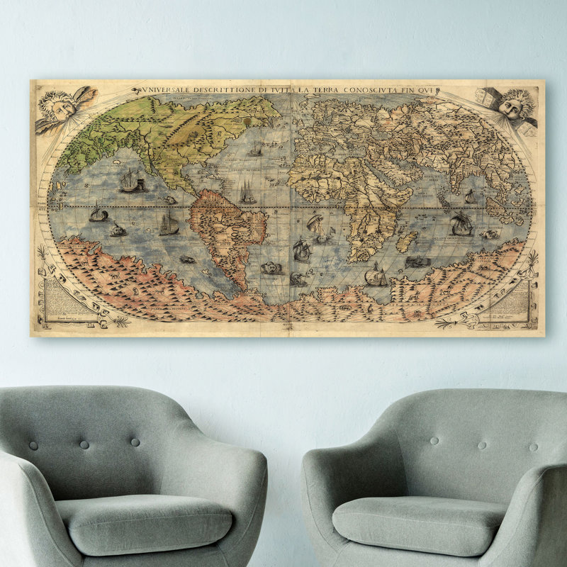 Universale Descrittione Di Tutta La Terra by Paolo Forlani - Wrapped Canvas Painting, 70cm H x 140cm W x 4cm D