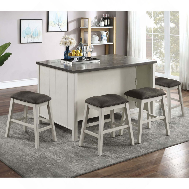 Ensemble de salle à manger 5 pièces à hauteur de comptoir de style transitionnel, table de salle à manger en bois avec base de rangement à tablettes et 4 tabourets