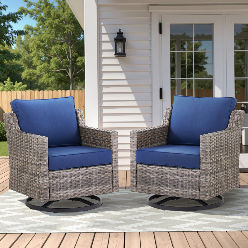 Outdoor Swivel Rocker Patio Chairs Set Of 2, Gray Wicker Furniture Swivel Patio Chairs Ideal For Porch, Poolside, Deck, And Yard In Blue