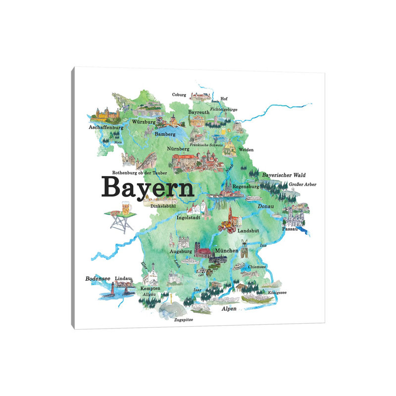 Bayern, Germany Illustrated Travel Poster by Markus & Martina Bleichner - Wrapped Canvas Gallery-Wrapped Canvas Giclée