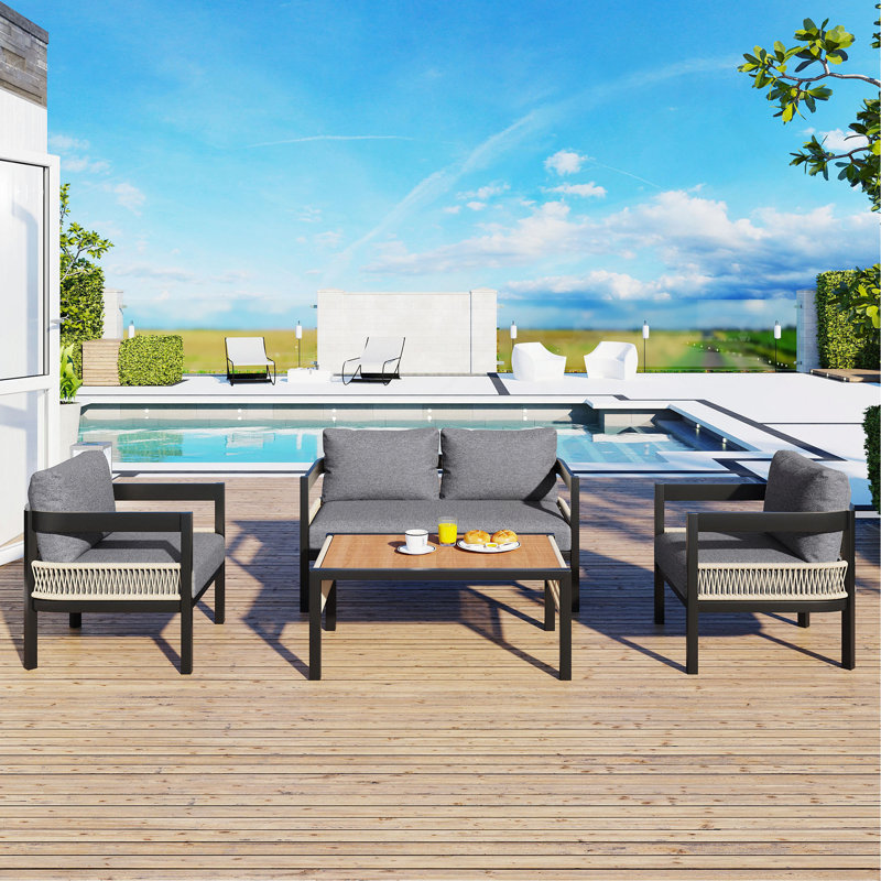 Multi-Person Outdoor Iron Sofa Set With A Table, Rattan Decoration, Waterproof, Rust-Proof, Suitable For Garden, Lawn Use