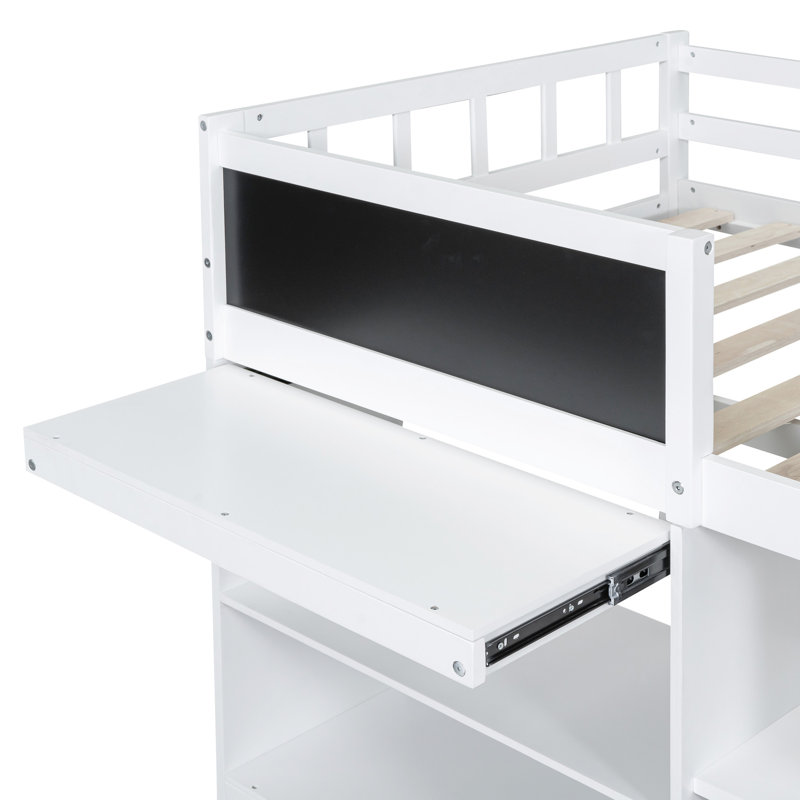 Lit mezzanine simple bas blanc avec bureau roulant, tablette et tablette de tiroirs organisés - Option de chambre polyvalente