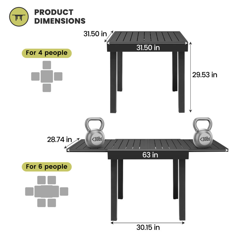 4 - 12 Person Aluminum Extendable Outdoor Dining Table , 29.53" H x 63" L x 31.5" W