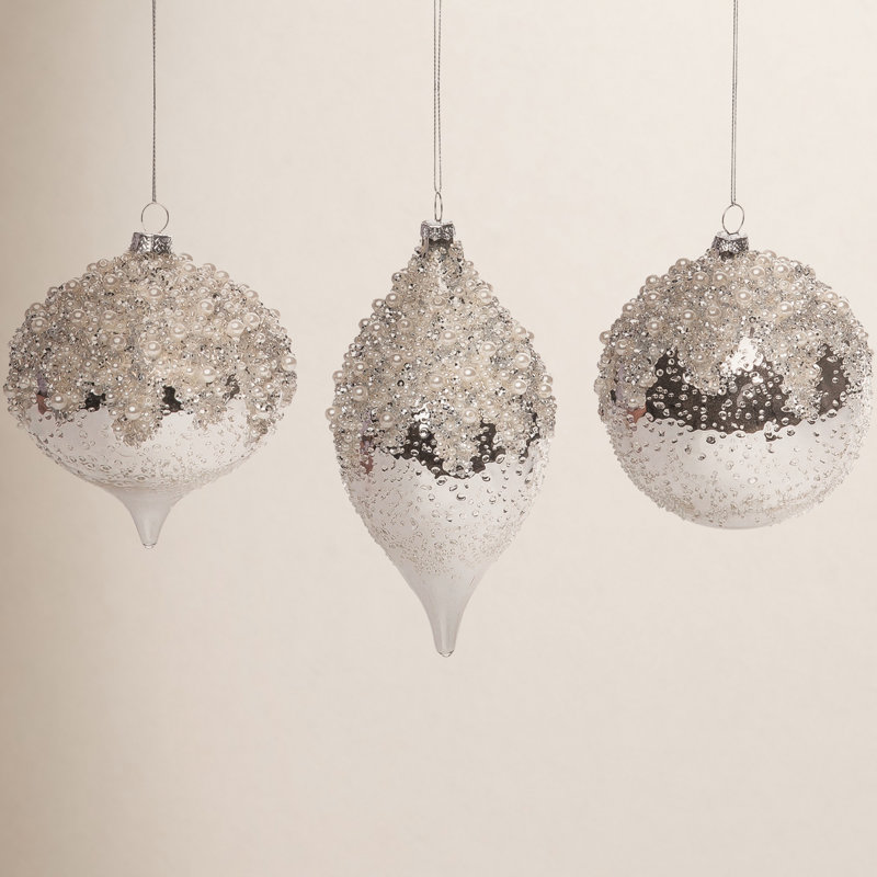  Glass Glittered Silver w/Beads Ornament Set of 3 Christmas Home Decorations
