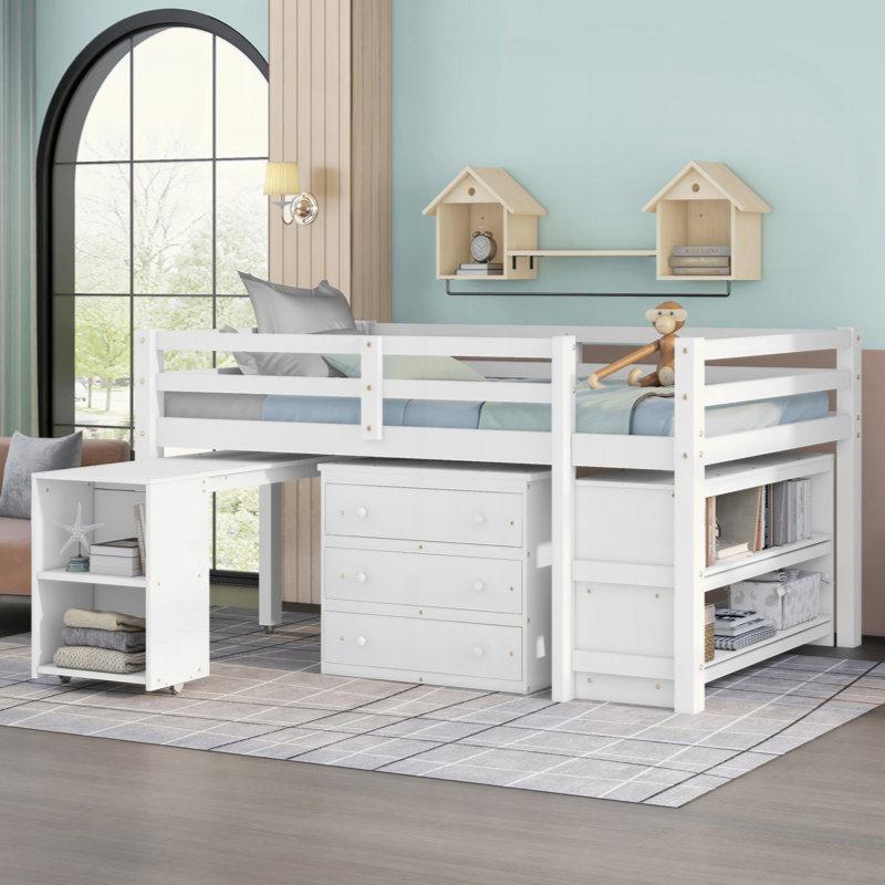 Lit mezzanine basse avec armoire, tablettes et bureau portable roulant, lit multifonctionnel