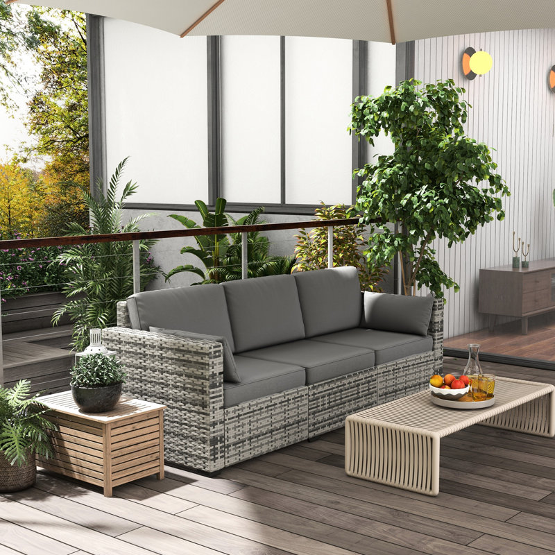 Canapé d'extérieur gris 3 pièces avec structure en PE et acier, coussins confortables et cadre robuste pour jardin