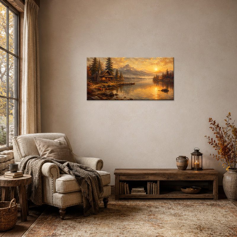 Tableau sur toile représentant un chalet au bord d'un lac, une cabane dorée dans la forêt et des eaux calmes, un paysage rustique et pittoresque, une décoration horizontale grand format pour le salon, la chambre ou le bureau, prêt à accrocher, 50 x 100 cm