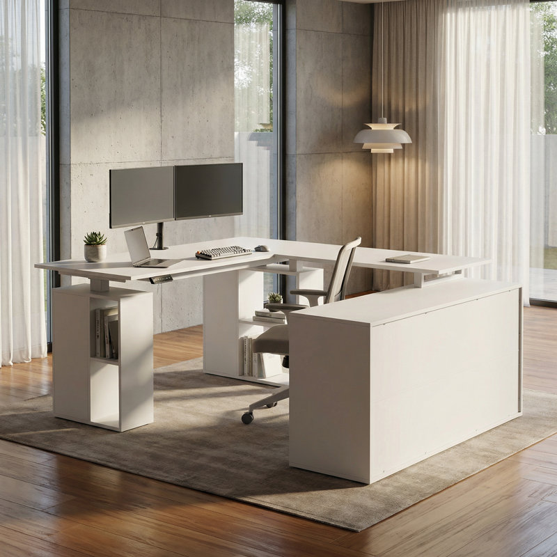 Flosi 72.4'' W Height Adjustable U-shaped Computer Desk with Drawer and Cabinet