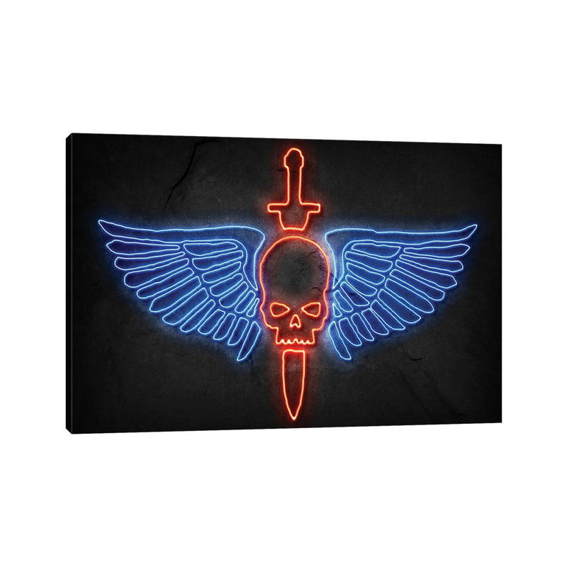 Skull And Wings Neon by Durro Art - Wrapped Canvas Print, 20.32 cm H x 30.48 cm W