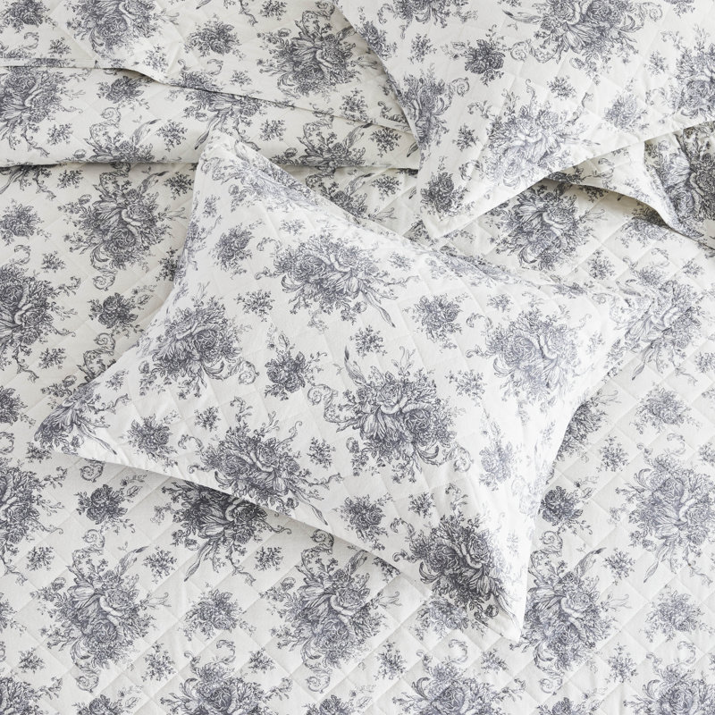 Petit Toile Flannel Cotton Quilt Set, Gray, Queen Quilt + 2 Standard Shams