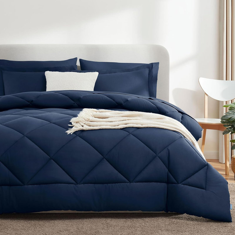 7-Piece Comforter Set, Microfiber, All Season Bed in a Bag – Navy, Queen, Queen Comforter + 6 Additional Pieces, Navy