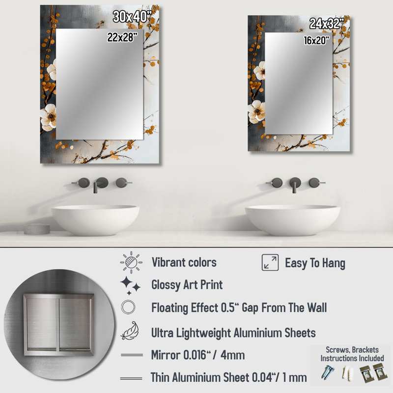 Cerisiers en fleurs gris et brun I - miroir mural unique, art traditionnel imprimé, 32 po x 24 po