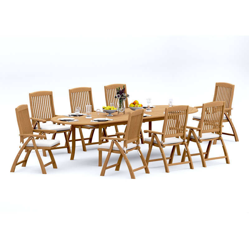 12 Seats 13 Pcs Grade-A Teak Wood Dining Set: 118" Double Extension Oval Table And 12 Marley Folding Reclining Arm Chairs #11MR2612