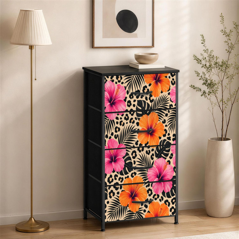 Commode à 4 tiroirs pour la chambre à coucher Des fleurs exotiques dessinées à la main impriment des motifs de léopard à motif floral pour les petites commodes à vêtements pour les commodes avec commodes