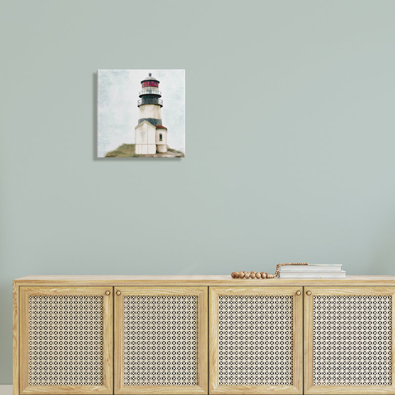 Calm, phare, ciel clair, plage de l'océan par Kim Allen - Peinture, H 17 po x l 17 po x P 1,5 po, Toile tendue
