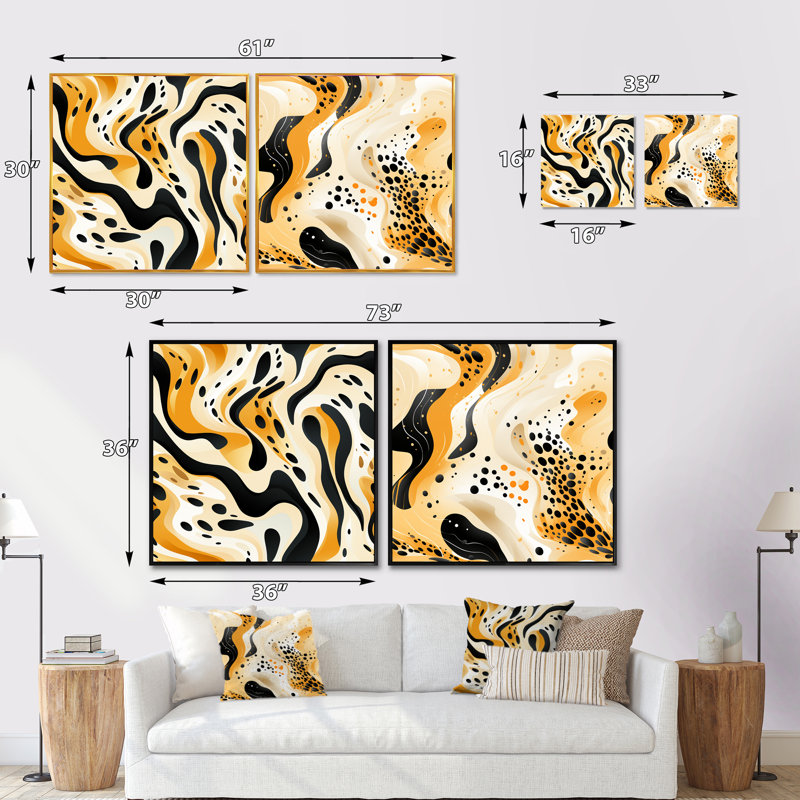 Imprimé guépard moderne orange et noir - ensemble de 2 animaux guépards carrés, Cadre flottant noir, H 16 po x l 33 po
