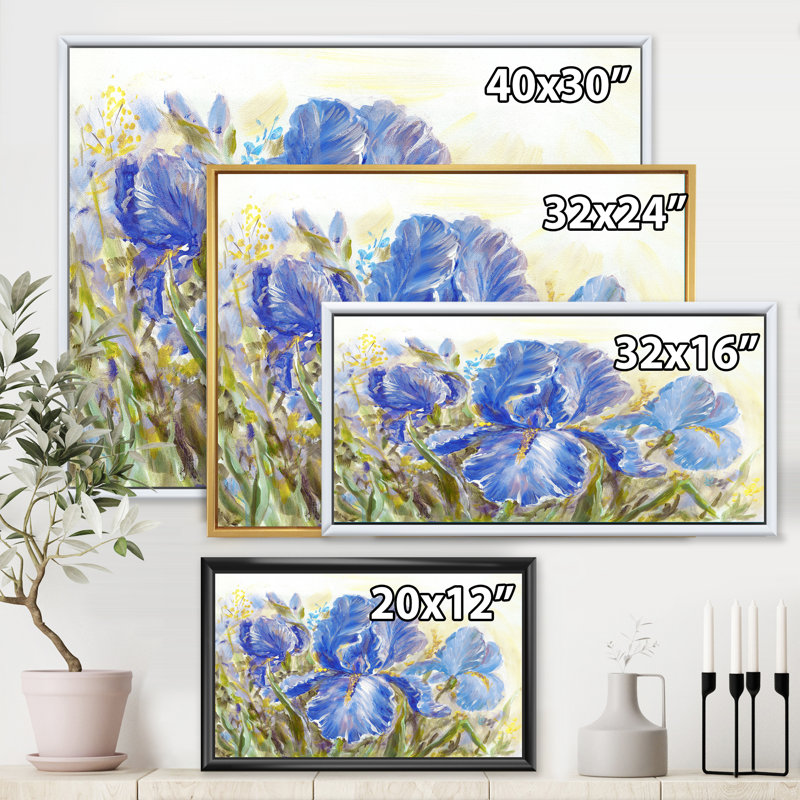 Iris Blossoming Flowers - peinture sur toile, H 12 po x l 20 po x p 1 po, Toile encadrée d'or