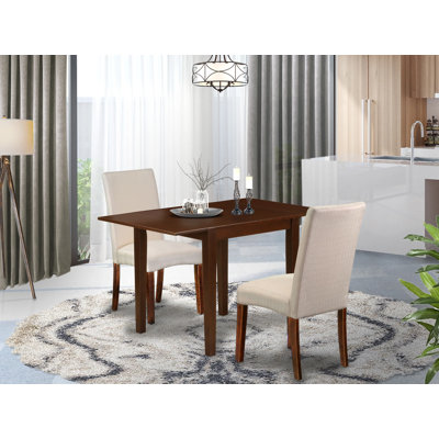3 Piece Dining Room Furniture Set Contains a Rectangle Dining Table with Dropleaf and 2 Cream Linen Fabric Upholstered Chairs, Mahogany