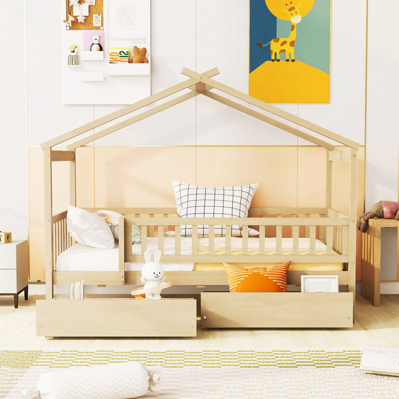 Lit en bois avec deux tiroirs, Naturel