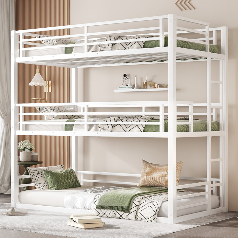 Bunk Bed, Heavy-Duty Metal Triple Bunk Bed with Guardrails and Noise-Reducing Design, Space-Saving, Full over Full over Full