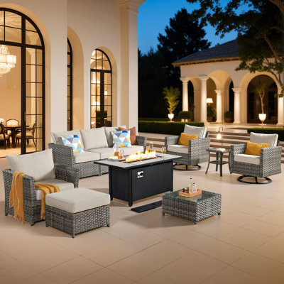 7 - Person Mostly No Assembly Required Patio Furniture Set With Swivel Rocker, Outdoor Wicker Sectional Seating Group With Cushions, All Weather Sofa Conversation Set With Fire Pit Table For Garden Backyard
