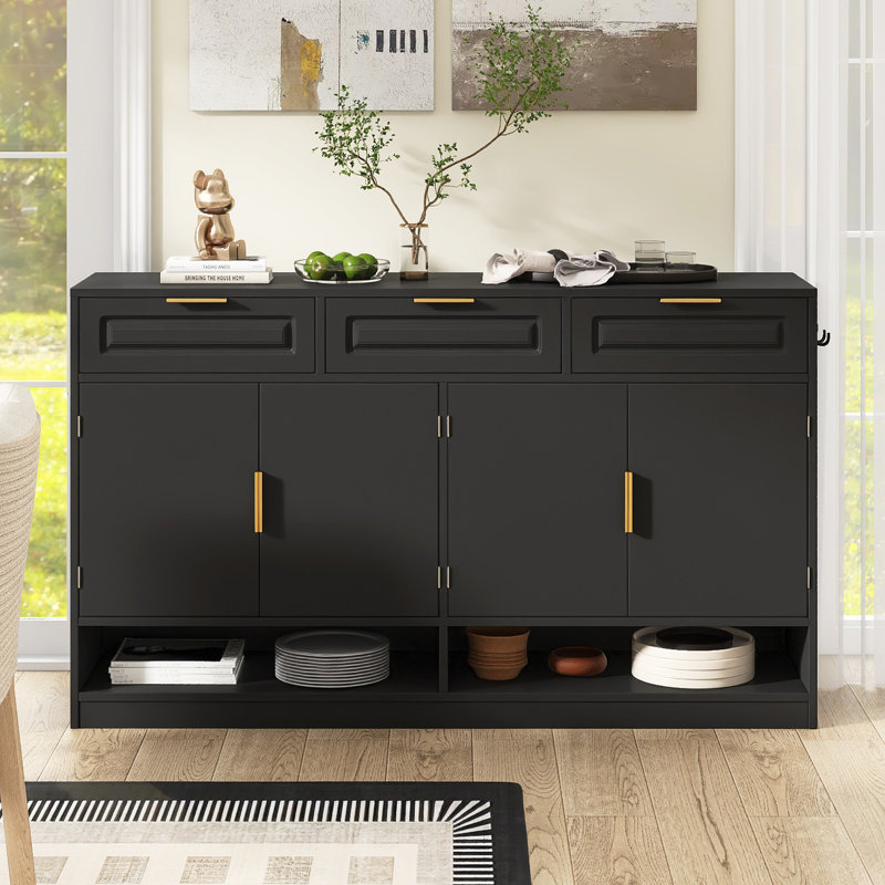 Buffet de ferme 59,1 "avec tablettes réglables et 3 tiroirs, Noir