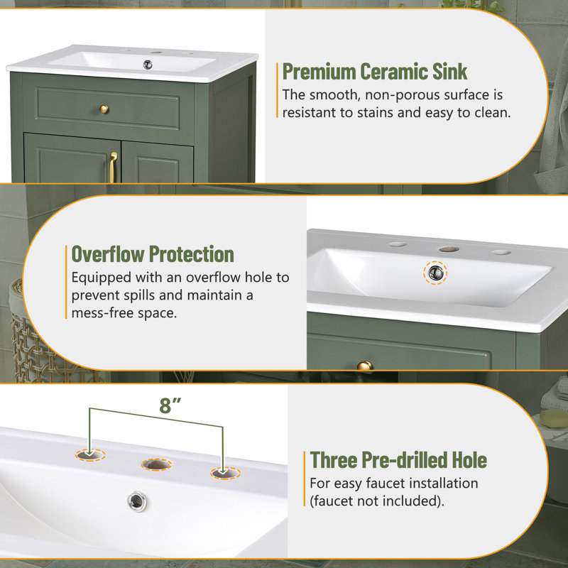 Meuble-lavabo compact 24 po avec lavabo en céramique 24 po, 1 porte à fermeture douce, 2 tiroirs à fermeture douce et supports de rangement à double porte
