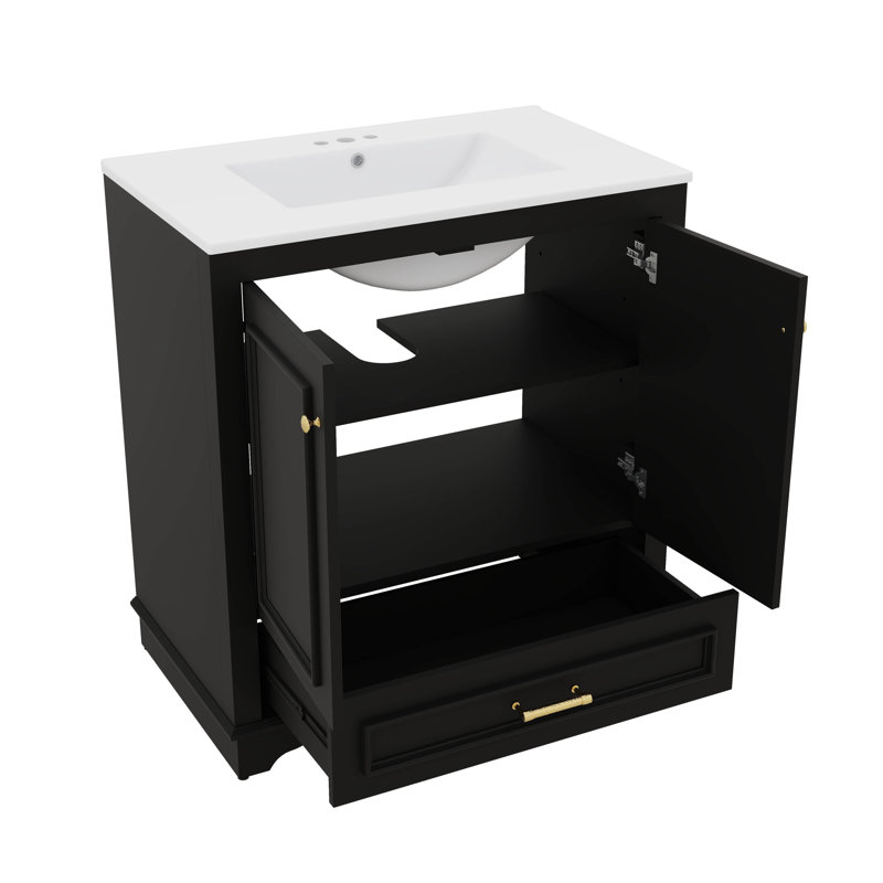 Meuble-lavabo de 30 pouces avec lavabo avec accents dorés, tiroir inférieur, portes à fermeture en douceur, Noir