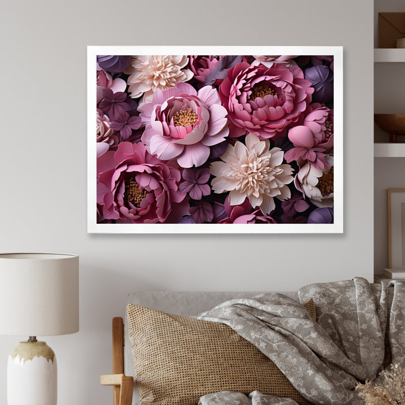 Purple Peonies Bouquet - Floral Wall Decor, H 24 po x l 32 po x P 1 po, Cadre simple blanc