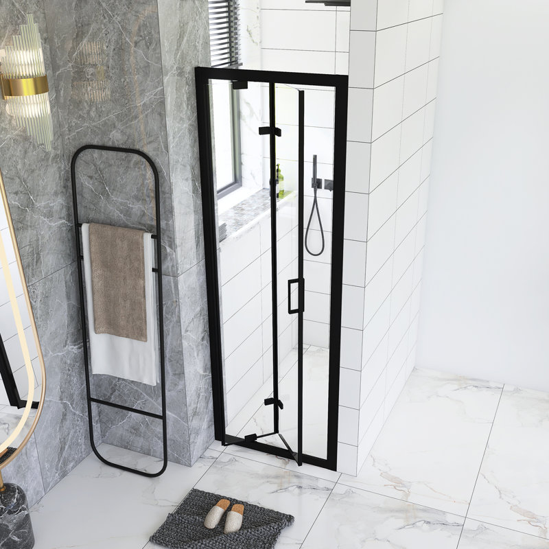 Porte de douche pivotante pliante à cadre double 26 po x 72 po, cabine de douche pliante compacte, verre trempé transparent de 1/4 po avec poignée en acier inoxydable, noir mat