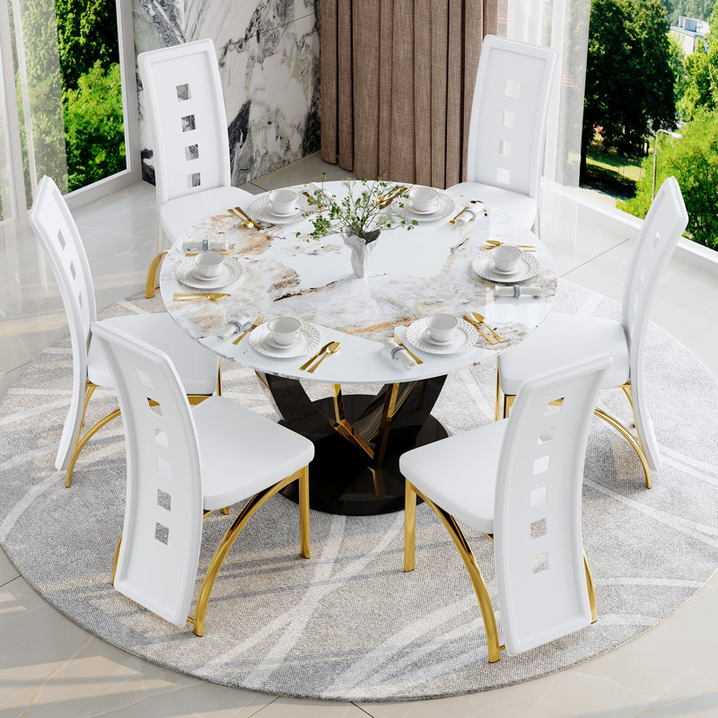 Ensemble de salle à manger rond noir et doré avec plateau en faux marbre et chaises en similicuir, Blanc / Doré