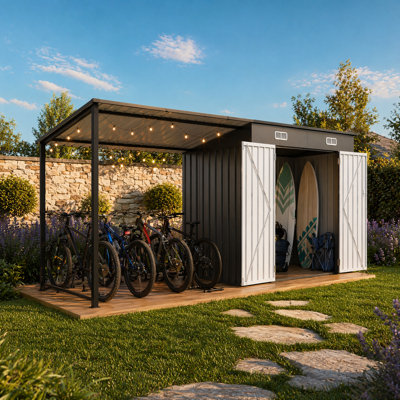 Remise de rangement adossée en métal 12 po x 4 pi avec pergola, abri de jardin à toit rigide 2 x 1 pi 6 po x 4 pi pour terrasse de jardin