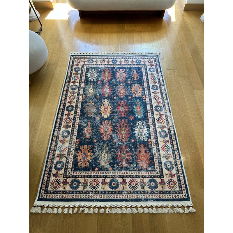Coton à imprimé numérique oriental bleu marine Toscana Tapis chenille antidérapant, Rectangle 2 pi 7 po x 4 pi 11 po