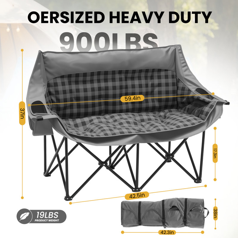 Loveseat Camping Chair with Mat, Double Camping Chair Folding Chair for Two People, Gray