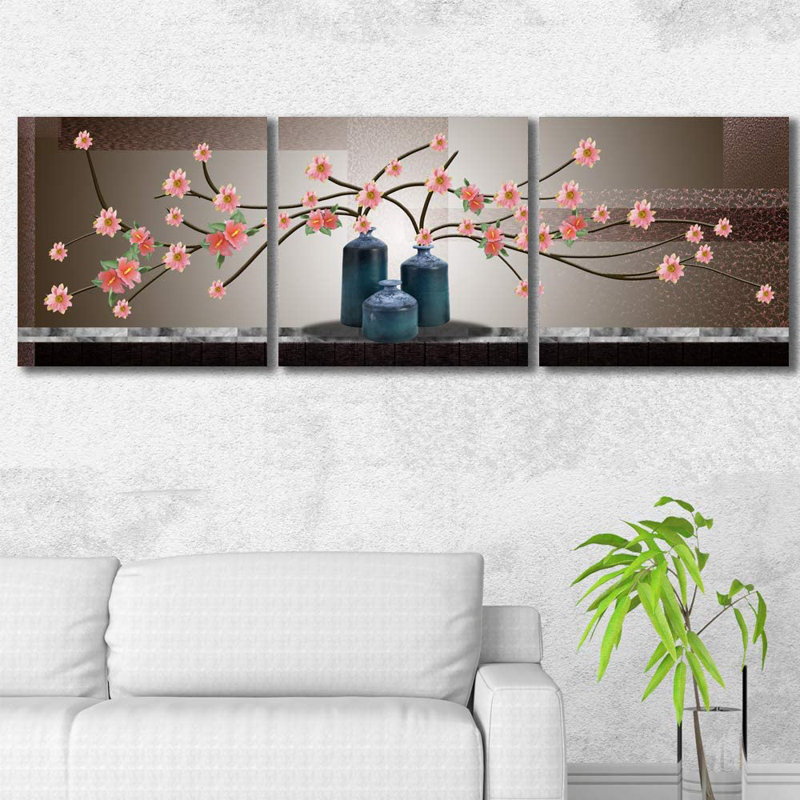 Fleurs zen en fleurs - 3 pièces, peinture sur toile tendue, H 12 po x l 36 po x P 1,5 po