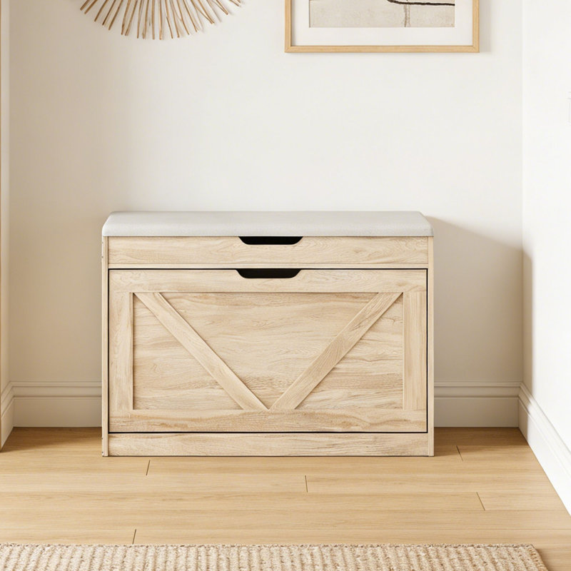 27.5"W Shoe Storage Bench with Cushion, Flip-Top Storage, Entryway Natural Shoe Rack, Natural
