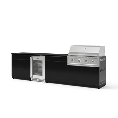 Outdoor Kitchen Aluminum Black 7 Piece Cabinet Set with 3-Drawer, Bar, Grill Cabinet, 40" Liquid Propane Performance Grill, Black Engineered Stone Tops and Glass Door Fridge
