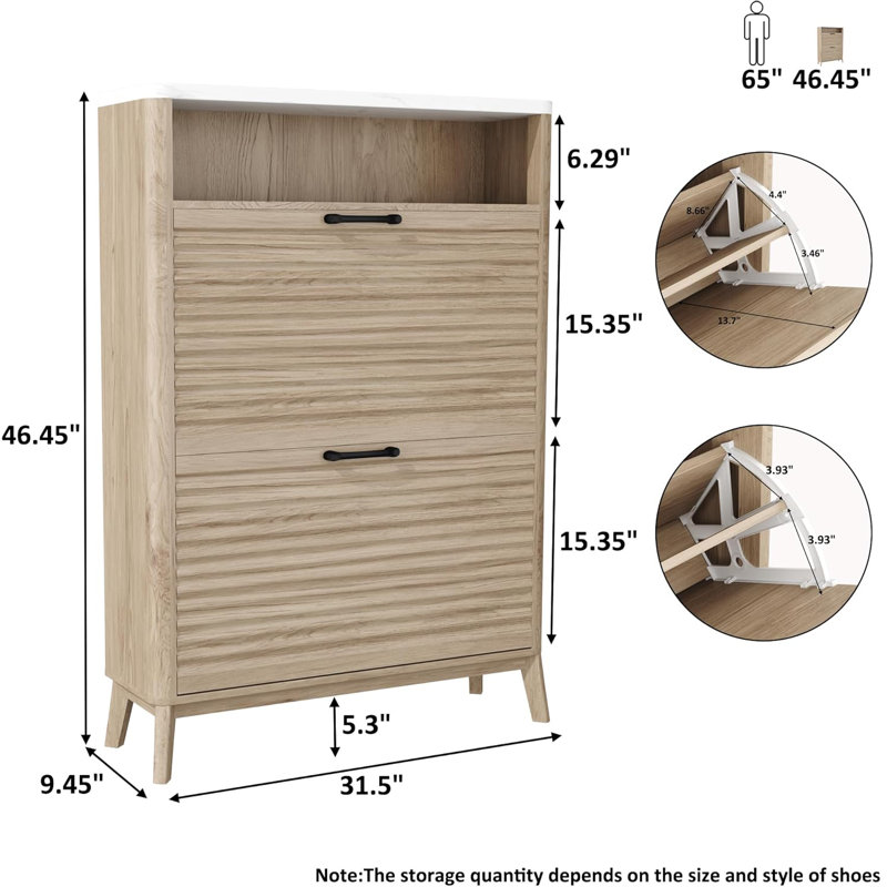 Fluted Shoe Storage Cabinet With 2 Flip Drawers