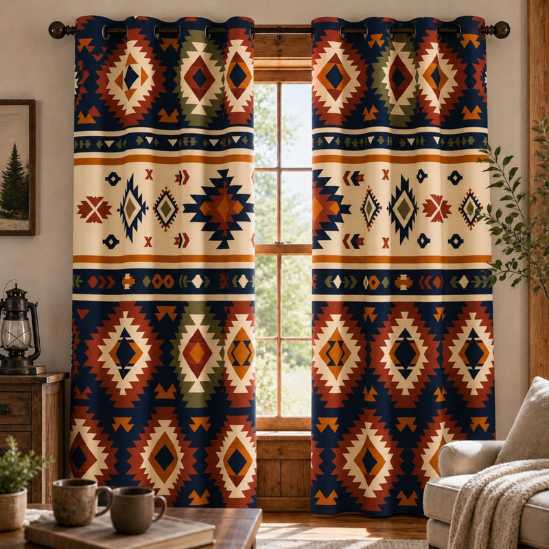 2 pièces rideaux bloquant le soleil du Sud-Ouest, style aztèque tribal, fenêtre de style bohème rustique avec anneau pour la décoration du salon et de la chambre à coucher