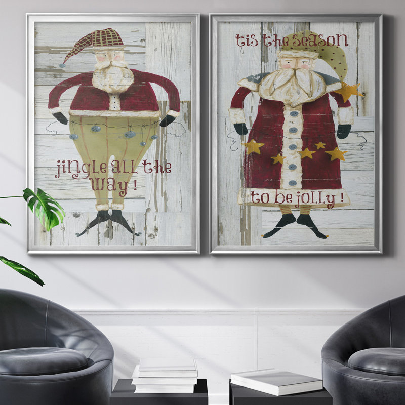 Jingle Santa - ensemble de 2 reproductions, Pas de tapis, Toile encadrée argentée, H 18,5 po x l 49 po x P 1,5 po