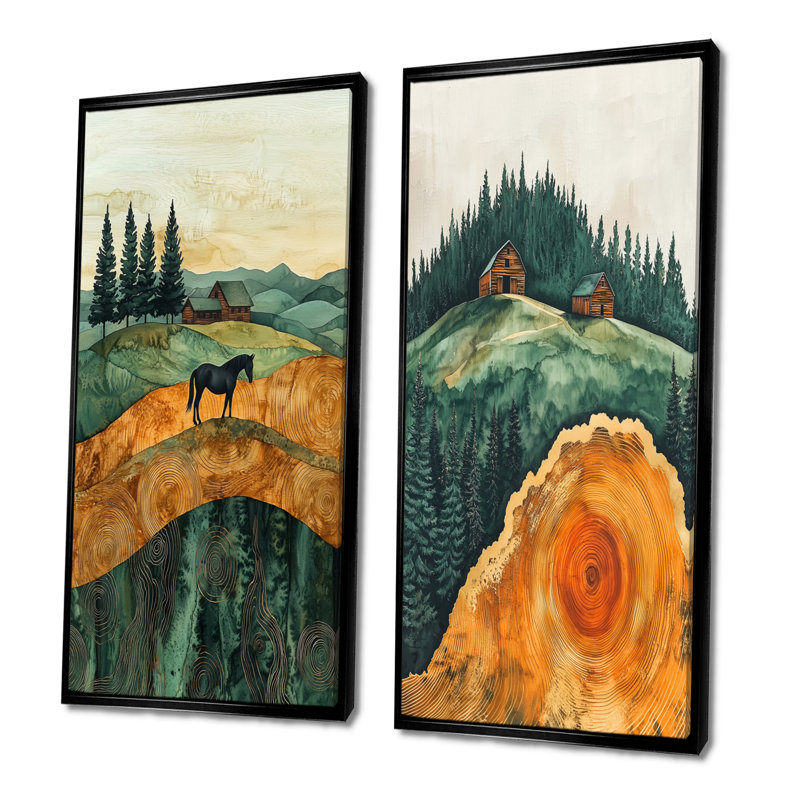 Élégance équine du cheval par la ferme III - Collection d'art mural animaux 2 pièces, H 40 po x l 41 po, Cadre flottant noir